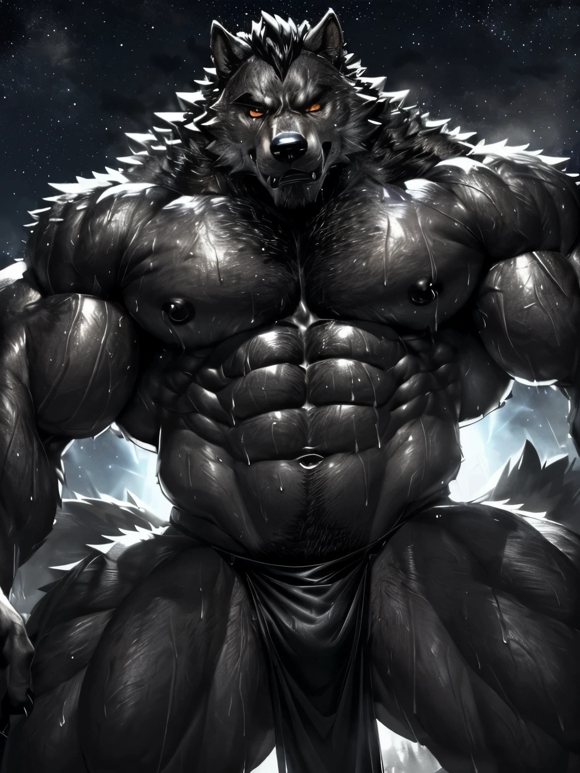 Tall、Tightened、Muscular blue werewolf (( Excessive sweating)),A piercing black gaze,(((que todo su cuerpo del hombre lobo este por todas partes este Excessive sweating))),(( Black loincloth)),(((I&#39;I don&#39;t want any accessories or things on my sweaty, muscular werewolf body.))), Details eyes, Staring at the screen, end:night、in the starry sky、Without giving anything ((A werewolf standing from the front with lots of lighting hitting his body, Excessive sweating)),((Observe his sweaty werewolf muscles without any props or objects)),((Pure sweat soaked throughout the wolf&#39;s muscular body.)).