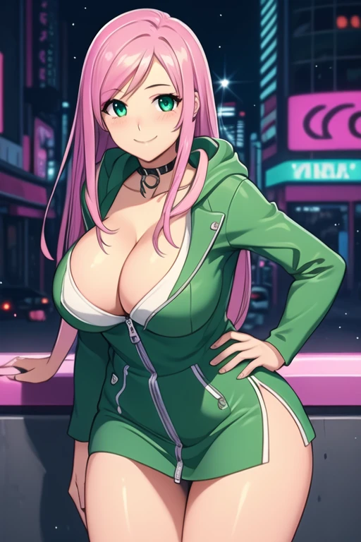 1 girl, 19 years old, Long pink hair, green eyes with slit pupils, master-piece, best quality, (standing up), (green hoodie), (long-sleeved, hoodie zipper short dress, cleavage), (Big , ultra gigantic , Super super big, Glamorous body), Make eye contact with the camera, front figure, looking forward, (light_Smile:1.5), (Detailed hands and fingers:1.2) (Cyberpunk City), (FULL BODYSHOT), thighs thighs thighs thighs、beauty legs、Bare legs