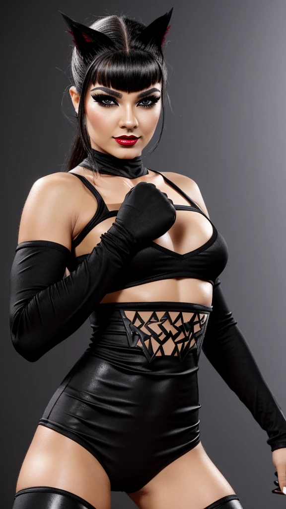 Sable , thin curved black eyebrows, long black luscious eyelashes, black eyeliner, dark eye shadow, face makeup, bark lipstick, cute little top, short wrestling tights, wwf ring with crowed and megatron, flashing lights, 