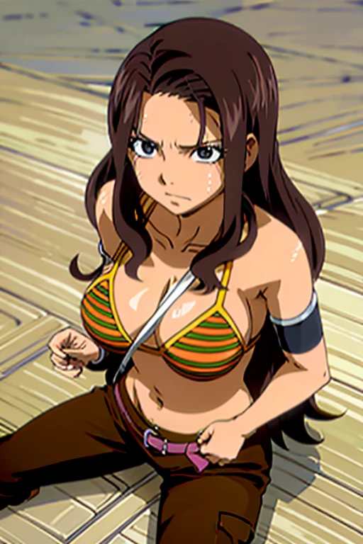 Imagine a stunning anime girl with tan skin, wearing a bikini top and cargo pants, lying on the floor in a state of starvation and discomfort. Her ribs are visible and her sweat glistens in the light, a range of styles and variations to choose from for this stylistic rendering.