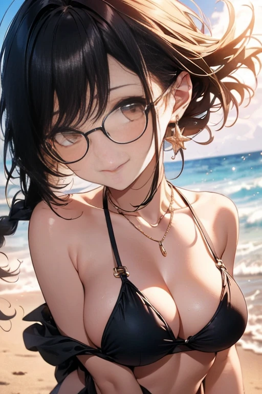 hanekawatsubasa, hanekawa tsubasa,(smile),(with sparkling eyes and a contagious smile),her thin pubic hair　hideed by self, long hair, black hair, hair ornament, (brown eyes:1.1), braid, hairclip, twin braids,cute bikini ,(masterpiece:1.2), best quality, high resolution, unity 8k wallpaper, (illustration:0.8), (beautiful detailed brown eyes:1.2), extremely detailed face, perfect lighting, Rimress Glasses, a warm color palette，rays of sunshine，Light art，(high detal:1.1), Full body, nice thighs, Brown color hair,(big breasts:1.3),Natural skin, minimal clothing, revealing outfit, high quality, (Detailed face and eyes), Eyes of the Upper Eye, Extra, real photograph, sharp fokus, contrasty lighting, Delicate skin, High resolution 8K, insanely details, realisticlying, professional photoshooting, 8K UHD, outdoors, beach, looking at viewer,