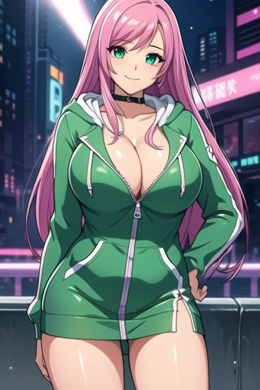 1 girl, 19 years old, Long pink hair, green eyes with slit pupils, master-piece, best quality, (standing up), (green hoodie), (long-sleeved, hoodie zipper short dress, cleavage),  (Big , ultra gigantic , Super super big, Glamorous body), Make eye contact with the camera, front figure, looking forward, (light_Smile:1.5), (Detailed hands and fingers:1.2) (Cyberpunk City), (FULL BODYSHOT), thighs thighs thighs thighs、beauty legs、Bare legs