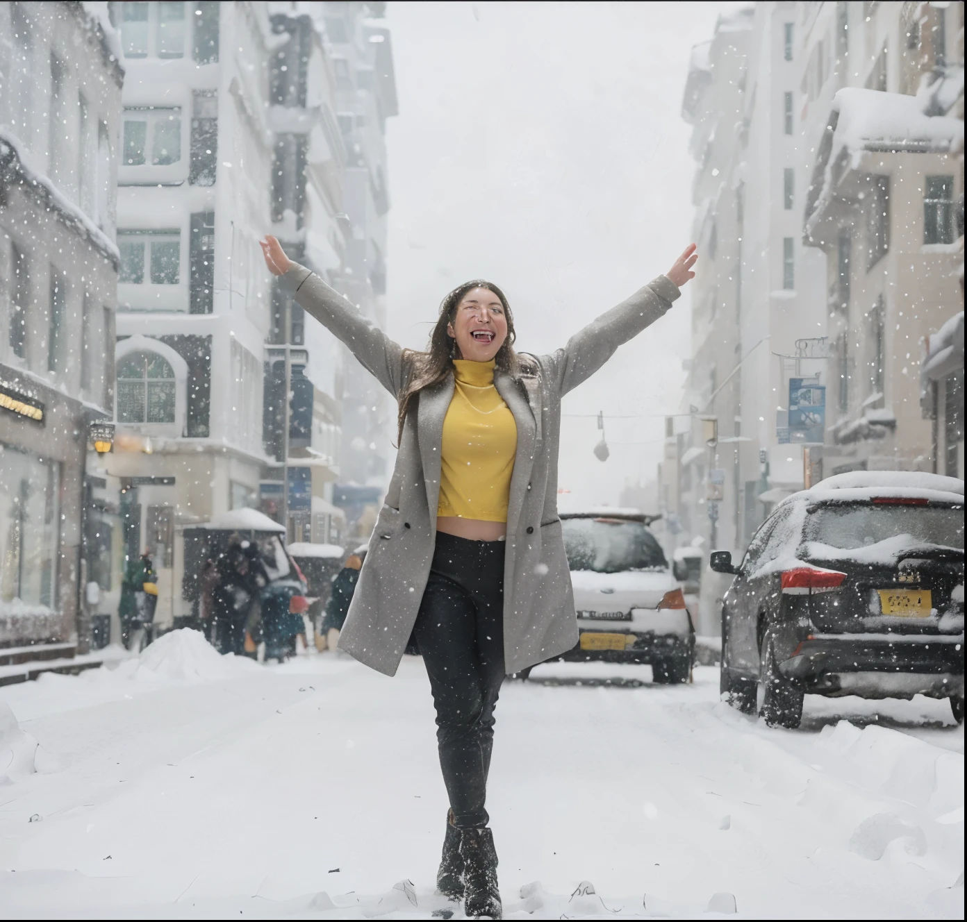 woman in yellow top and black pants standing in the snow, standing in the snow, during snowfall, outside in snow snowing, only snow i the background, in the snow, snowing outside, standing in street, snowy day, in snow, in the middle of a snow storm, snowing, standing in a city street, snow falling, she expressing joy, being delighted and cheerful