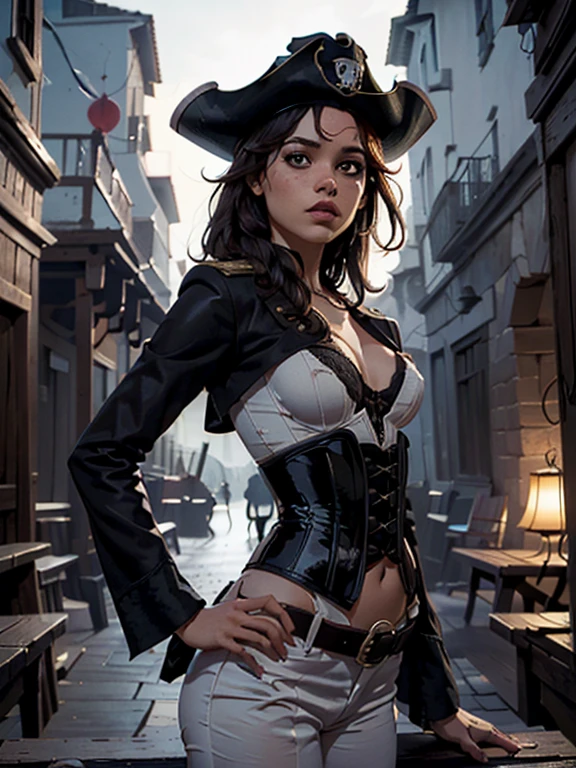 (masterpiece), best quality, expressive eyes, perfect face, (tavern background), (standing), (smirk), (closeup view), (1girl, vanessa alessia, dark skin, tanned skin, brown hair, wavy hairstyle, brown eyes, hourglass figure, thin body, skinny body, petite_body, medium breasts, thick thighs, long fingernails, white front lace blouse, long sleeve, loose fit, brown leather corset, brown leather shorts, brown boots, sheathed cutlass sword, flintlock pistol in holster, hoop earrings, miscellaneous jewelry), big breasts, stripping, elegant makeup, exhibitionism, naked in public, , slim thighs, toned body, shiny skin, sexy pose,narrow hips, wearing high hip thong and see-through top, amber eyes, (((girl stripping on table))) extendeddownblouse_v10