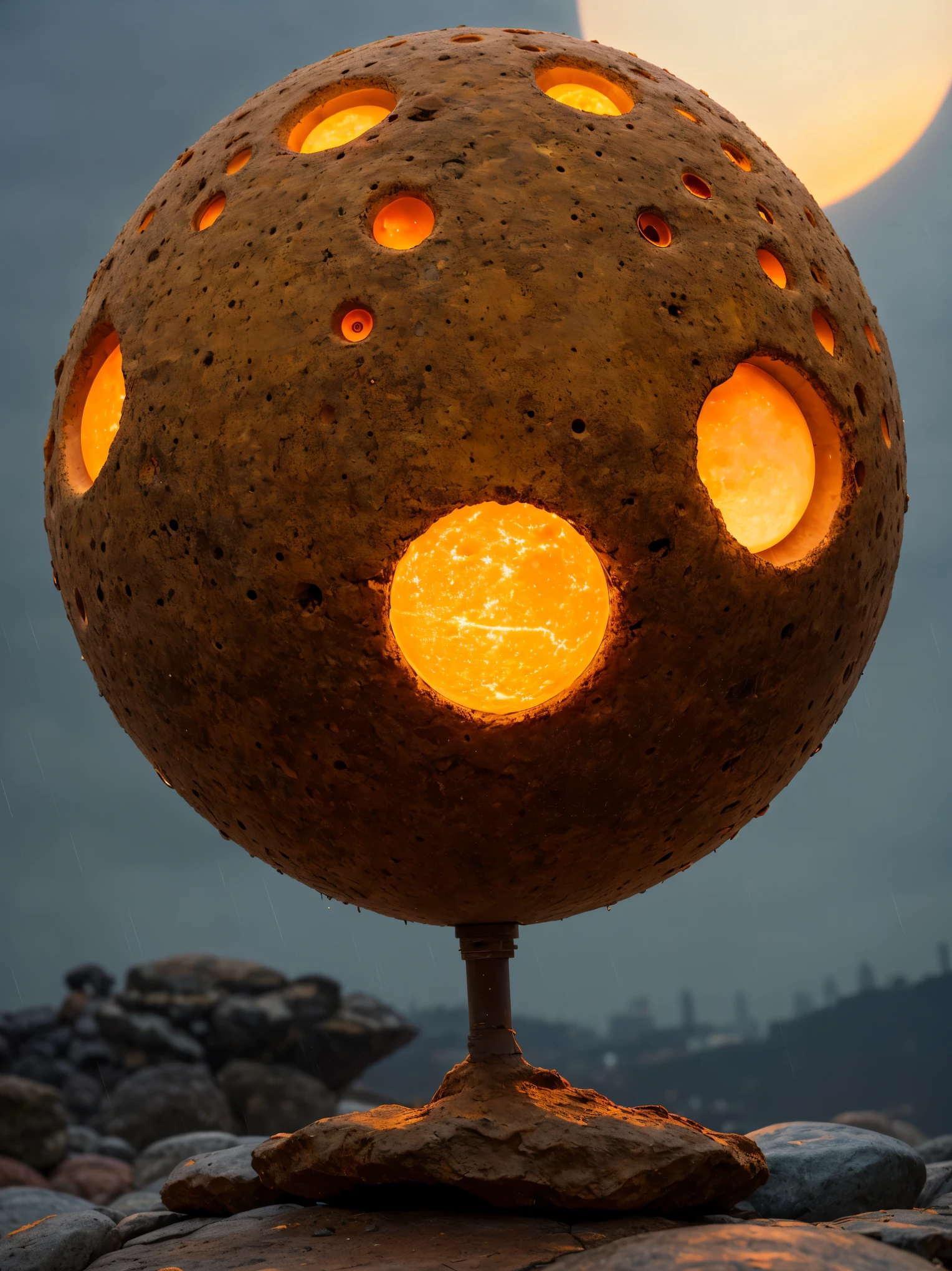 a mysterious, large, spherical object with numerous holes of varying sizes, illuminating light from within, placed on a rocky surface. The sphere emits an intense orange glow through its holes, contrasting with its dark exterior. The backdrop is an intricate cityscape with tall buildings and structures under a cloudy sky. The atmosphere is moody and mysterious due to the dim lighting and the enigmatic glowing sphere. Rain or moisture can be seen on the surface of the sphere and the ground, indicating wet weather conditions.