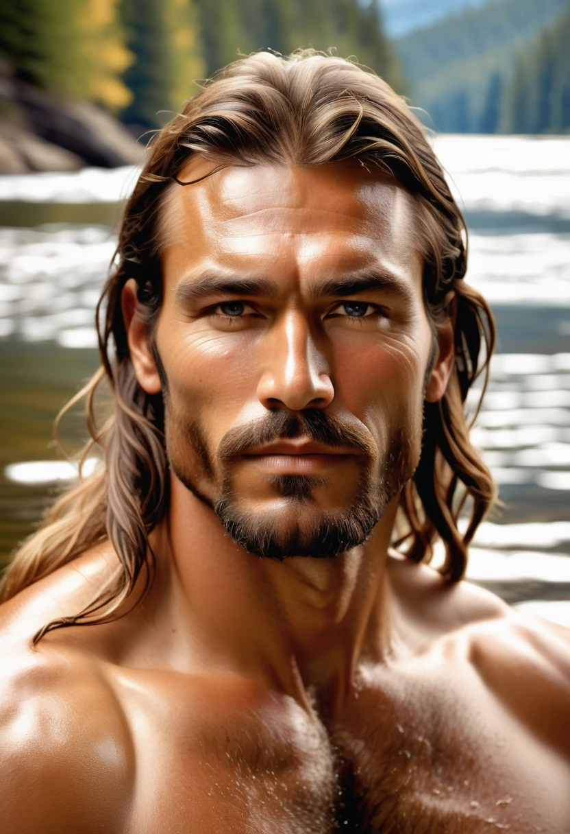 (highly detailed, soft light, detailed face, detailed skin, detailed eyes, photorealistic, dynamic light; cinematic); 1820's; 35 years old man; 3/4-German 1/4-Sioux Indian mix; 1820's fur-trader; leadership figure; strikingly handsome; wild man; defined cheekbones; defined strong jawline; longer chin; handsome face; strapping; passionate desirous teasing inviting expression; intimate sexually-charged atmosphere; masculine face; charismatic; grizzled; sensual; strong German nose; very attractive; burly broad figure with strong shoulders; ruddy weathered skin; long stubble beard; thick strong chestnut-brown eyebrows; fully naked wet hairy heavily muscled chest with chest-hair; long loose tousled chestnut-brown hair in half-up tied-back style; full firm masculine lips; lounging in a Canadian river, showing off his body, offering sex; natural light-blue eyes; 3/4-German 1/4-Sioux Indian mix; looking at camera