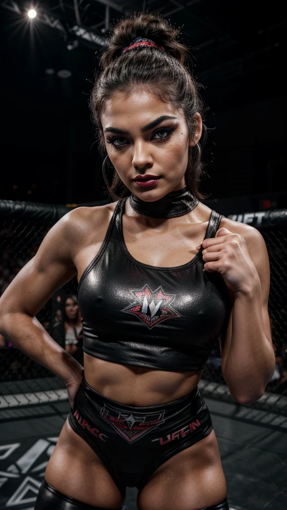 Ufc , thin curved eyebrows, long black luscious eyelashes, black eyeliner, dark eye shadow, face makeup, bark lipstick, cute little top, short wrestling tights, wwf ring with crowed and megatron, flashing lights, 