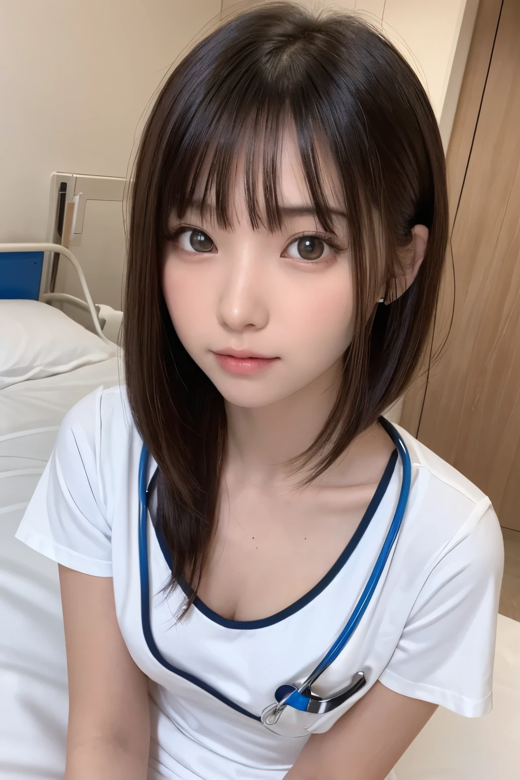 One Girl, (Beautiful girl, Delicate girl:1.3), (:1.3), break, (((whole body:1.3))), (nurse cap:1.2), (nude:1.2), (((pussy:1.2))) break, Very beautiful eyes, (Symmetrical eyes:1.3), break, (hospital bed:1.3), perfectly trimmed fingers, break, Large Breasts, Brown eyes, parted bangs, Black Hair, break, (Eyes and facial details:1.0), break, (masterpiece, highest quality, Super detailed, Detailed face, 8k)