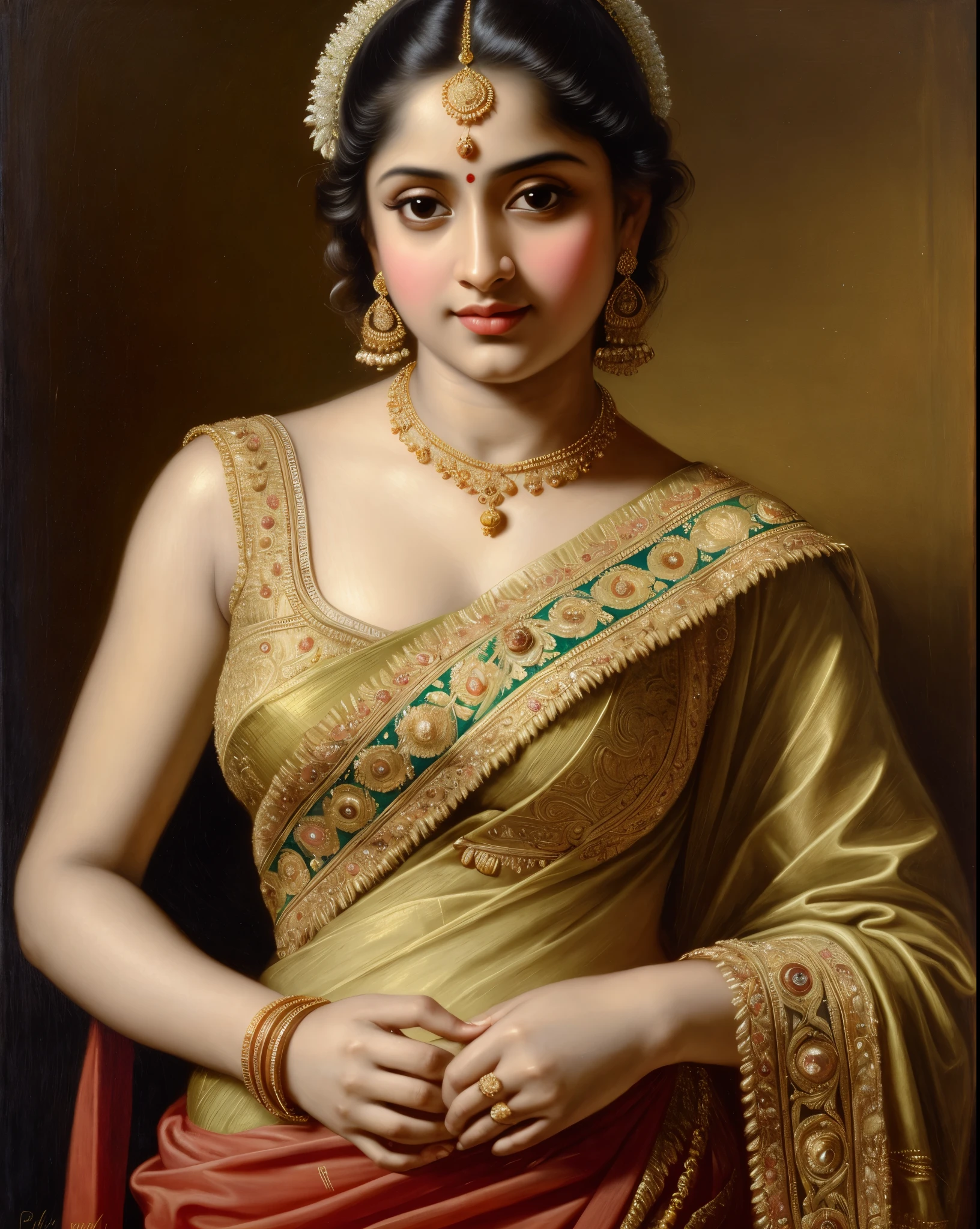 Looks like Jannat Zubair, Beautiful Indian Woman, wearing saree, sari Beauty, gorgeous, Apsara, Maharani, royal queen woman, nymph from Hindu Mythology, Urvashi, matchless beauty, Highly detailed, Oil Painting by Peter Paul Rubens inspired by Raja Ravi Varma, Matchless beauty, captivating, gorgeous, heavenly beauty, celestial beauty, by Peter Paul Rubens, 13, realistic, hyper realistic, micro details, incredible artwork, insane details, ultra High resolution, 8k, 32k, acrylic on canvas, intricate, flawless, detailed, detailed face, detailed eyes, masterpiece, by Peter Paul Rubens, by Caravaggio, by William Adolphe bouguereau, perfect face, perfect body, beautiful art, realism, baroque, renaissance Art, highly textured, beautiful and detailed eyes, uhd, best quality,