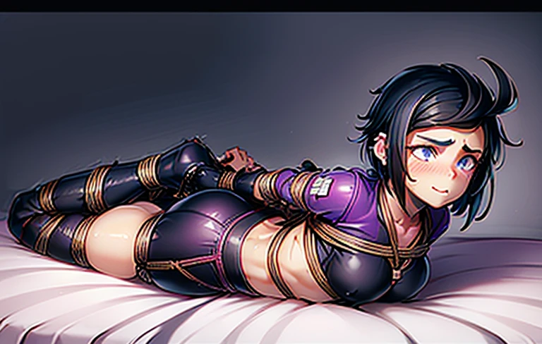 bibiBS, 1girl, black hair, short hair, cross earrings, purple jacket, pink shirt, crop top, black pants, black boots, cute and blushing 18 years old anime girl, look away because she is embarrassed and blushes, bright blue eyes, detailed face, detailed members, detailed arms, detailed hands, Girl lying, tied by ropes, shackled, can no longer move, tied tightly, very hard tied up with lots of ropes, hampered by so many ropes that she can no longer move, bound hands and feet, ropes tie his whole body, tied extremely tightly and forcefully to her bed by a lot of ropes, its limbs are strongly tied together by ropes, his torso is tied up with thick cords, her chest is so tied up with ropes that it sticks out, her legs are tied tightly with thick ropes, his hands are tied behind his back with ropes, she can no longer move her feet, her hands which are tied by thick ropes, she desperately tries to free herself, likes to be tied tight with big ropes, likes to be immobilized by big ropes, lying down, his hands and feet are strongly tied to the railing of his bed, his legs are pressed together and tied with ropes, its limbs are held vigorously by imposing ropes, her hands are tied securely behind her back by ropes, her chest is compressed by strong ropes, she is pressed against her bed and restrained by large ropes, (shibari, arms behind the back:1.4), (hands on the back), (masterpiece, best quality) 1.5, 1girl, solo, (sexy, beautiful woman, perfect face, perfect eyes, perfect hands), samus aran, (hands on the back), Spread the legs, s' ((lie in bed by big ropes)), ((close up of the girl)), ((((lie in bed)))), ((((arms tied behind the back, Legs Tied,La fille est allongée sur le ventre, La fille est allongée sur le sol:1.5)))), ((((girl seen from behind:1.4)))), ((((girl lying down on her stomach:1.4)))), ((((Outstretched arms:1.5)))), ((((Detailed hands:1.5))))