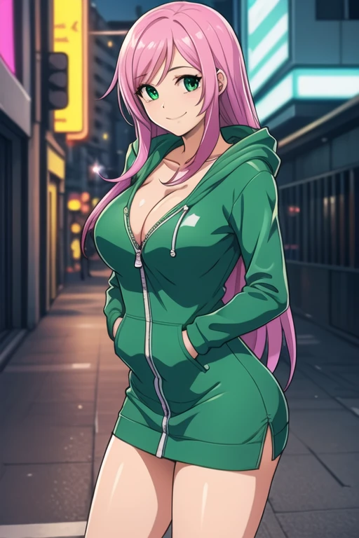 1 girl, 19 years old, Long pink hair, green eyes with slit pupils, master-piece, best quality, (standing up), (green hoodie), (long-sleeved, hoodie zipper short dress, cleavage), (Big , ultra gigantic , Super super big, Glamorous body), Make eye contact with the camera, front figure, looking forward, (light_Smile:1.5), (Detailed hands and fingers:1.2) (Cyberpunk City), (FULL BODYSHOT), thighs thighs thighs thighs、beauty legs、Bare legs