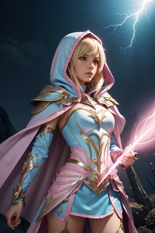 Female blond dark fantasy knight wearing an intricate elaborate futuristic light blue armor with elaborated pink ornaments, blue pointed hooded tunic no helmet, pink short cape, pink short mini skirt, wearing a short staff, pink lightning, pink eclipse, magic conjuring circle behind, ethereal lightning, sharp focus
