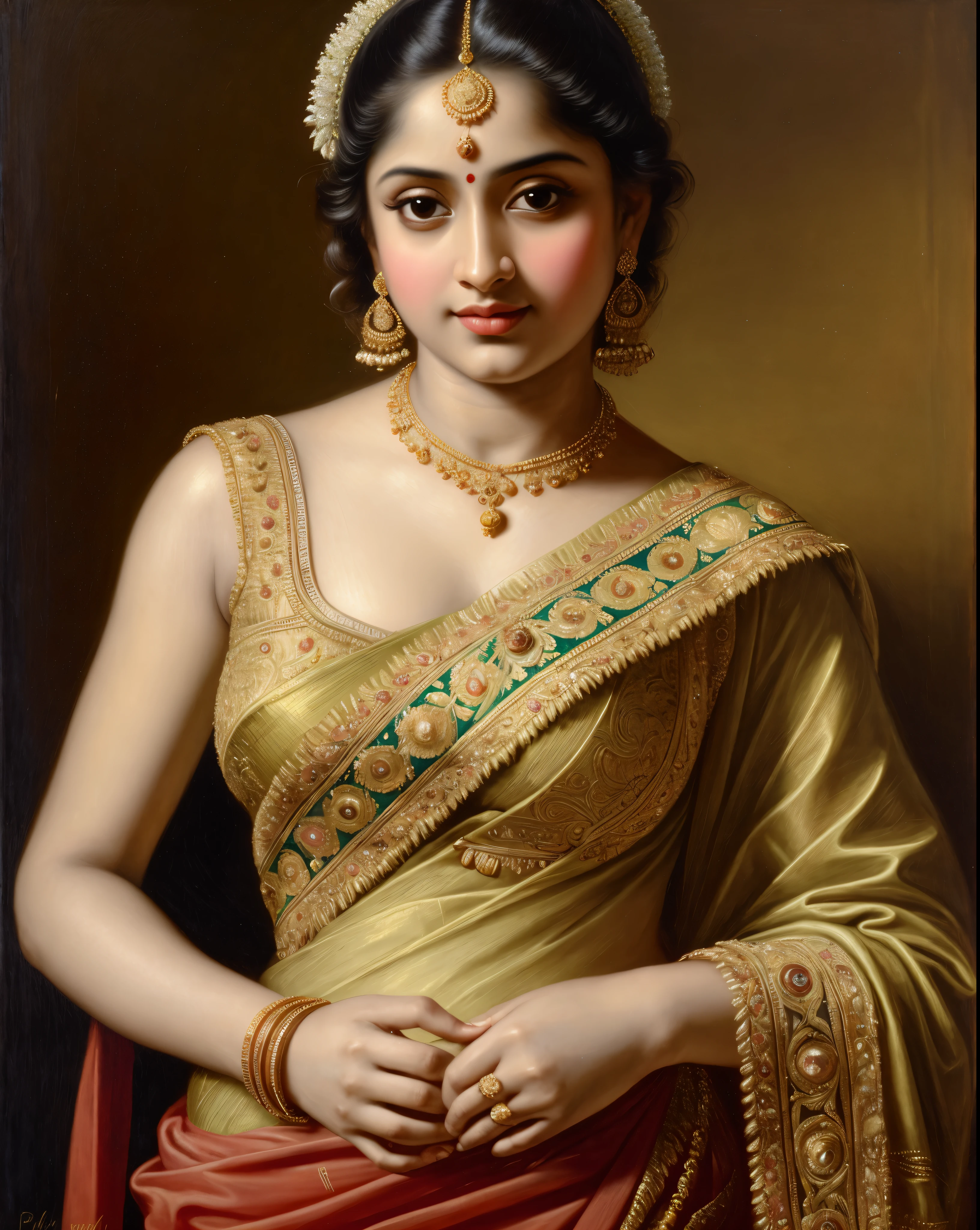 Looks like Jannat Zubair, Beautiful Indian Woman, wearing saree, sari Beauty, gorgeous, Apsara, Maharani, royal queen woman, nymph from Hindu Mythology, Urvashi, matchless beauty, Highly detailed, Oil Painting by Peter Paul Rubens inspired by Raja Ravi Varma, Matchless beauty, captivating, gorgeous, heavenly beauty, celestial beauty, by Peter Paul Rubens, 13, realistic, hyper realistic, micro details, incredible artwork, insane details, ultra High resolution, 8k, 32k, acrylic on canvas, intricate, flawless, detailed, detailed face, detailed eyes, masterpiece, by Peter Paul Rubens, by Caravaggio, by William Adolphe bouguereau, perfect face, perfect body, beautiful art, realism, baroque, renaissance Art, highly textured, beautiful and detailed eyes, uhd, best quality,
