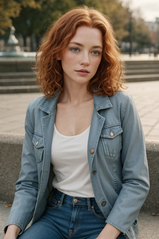 1girl in, age45, Solo, Aesthetic artwork, irish redhead, curly ginger hair, shoulder length ginger hair, gray eyes, light grey eyes, some small freckles, pale skin, A-cup, small breasts, runners body, detailed skin texture, sitting on stone bench, by city fountain, downtown, park, (extremely detailed 8k wallpaper), soft lighting, high quality, film grain, Fujifilm XT3 sharp focus, f 5.6, 50mm, High Detail, Sharp focus,(natural light), light blue jacket, khaki jacket, faded blue jeans, holes and blue jeans, crazy details, complex details, hyper detailed