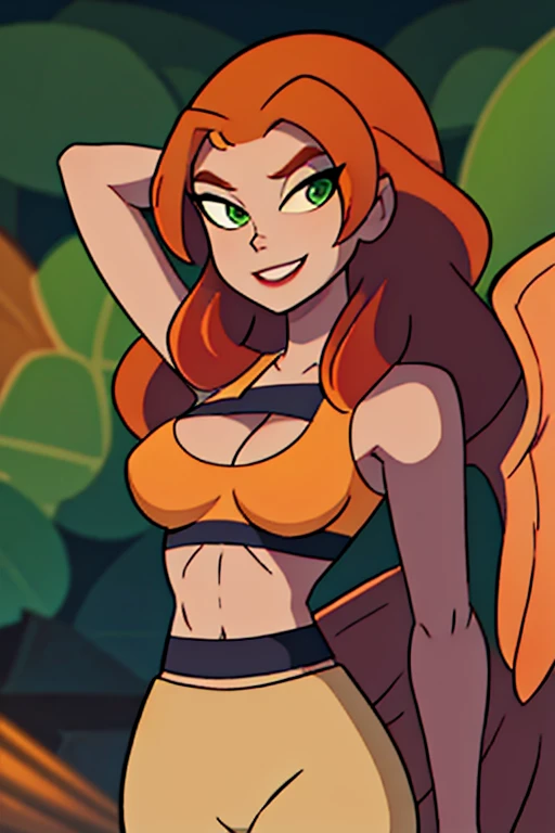 centered, professional photo, (looking at viewer:1.2), smiling, |  Shayera, long hair, 1girl, solo, dark orange hair, green eyes, midriff,  upper body, clothing cutout, cleavage cutout, jungle, | bokeh, depth of field,  contrapposto, cinematic composition, | 