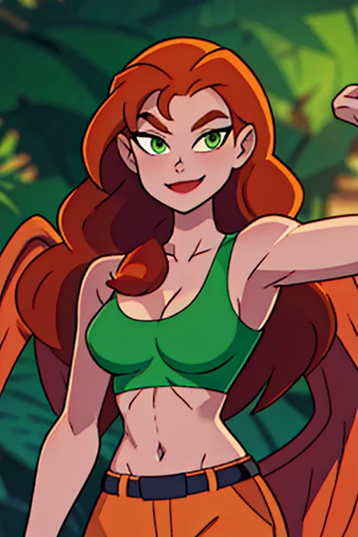 centered, professional photo, (looking at viewer:1.2), smiling, |  Shayera, long hair, 1girl, solo, dark orange hair, green eyes, midriff,  upper body, clothing cutout, cleavage cutout, jungle, | bokeh, depth of field,  contrapposto, cinematic composition, | 