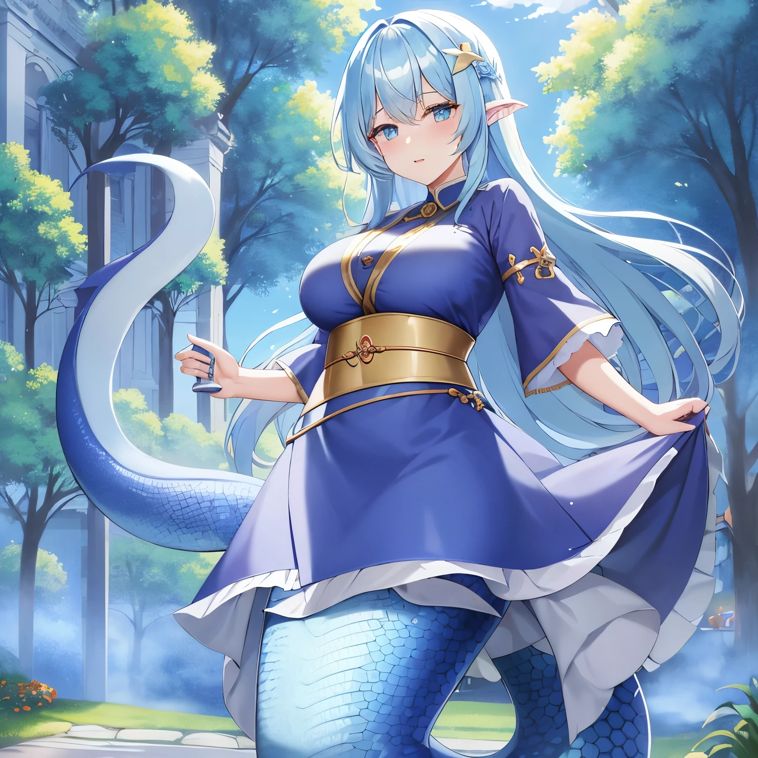 1girl, lamia, scales, tail, standing, feminine clothing, 8k, highres, best quality, high quality, masterpiece, wallpaper, full body, ((ancient city)), blue eyes, (white hair), evening, outside,