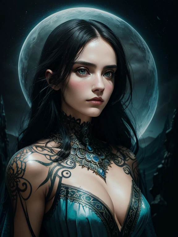 corpo todo (((Obra-prima 1.3))), castelo medieval, (((Todd McFarlane, Larry Elmore, Luis Royo, Opa))) arte inspirada, trends on Artstation, anatomia correta, Emeraude Toubia, (((espectro: The best of contemporary fantastic art))), hiper-real. uma linda mulher de cabelos pretos, rosto detalhado bem marcado de mulher adulta, com um vestido preto. It is a painting that combines Craola's artistic styles, Andy Kehoe, Dorian Vallejo, Damian Lechoszest, Todd Lockwood, Luis Royo. paisagem de inferno. Esta obra de arte exala uma qualidade realista, immersing viewers in a mesmerizing visual experience. As fotos foram tiradas com Canon EOS R5, filme ainda, fotografia de revista de moda, hiper-realistic Digital Photography, textura de pele realista, Magia, aquarela, tinta, acrylic, (((Double exposure))), fantasia, grande detalhe
