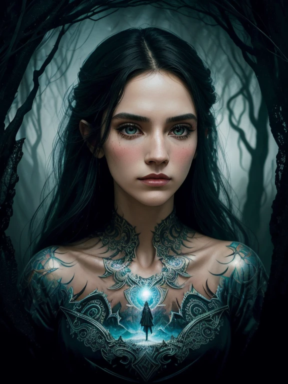 corpo todo (((Obra-prima 1.3))), castelo medieval, (((Todd McFarlane, Larry Elmore, Luis Royo, Opa))) arte inspirada, trends on Artstation, anatomia correta, Emeraude Toubia, (((espectro: The best of contemporary fantastic art))), hiper-real. uma linda mulher de cabelos pretos, rosto detalhado bem marcado de mulher adulta, com um vestido preto. It is a painting that combines Craola's artistic styles, Andy Kehoe, Dorian Vallejo, Damian Lechoszest, Todd Lockwood, Luis Royo. paisagem de inferno. Esta obra de arte exala uma qualidade realista, immersing viewers in a mesmerizing visual experience. As fotos foram tiradas com Canon EOS R5, filme ainda, fotografia de revista de moda, hiper-realistic Digital Photography, textura de pele realista, Magia, aquarela, tinta, acrylic, (((Double exposure))), fantasia, grande detalhe