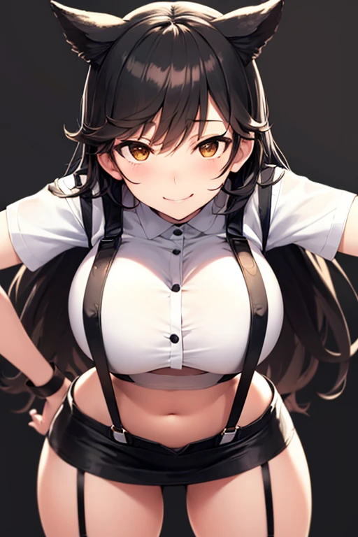 perfect face, atago, black hair, long hair, brown eyes, animal ears, ((dark background)), facing forward, cowboy shot, lust smile, in the center, giant breasts, ((bending over)), hands on hips, ((white crop top, black miniskirt, black suspenders)),