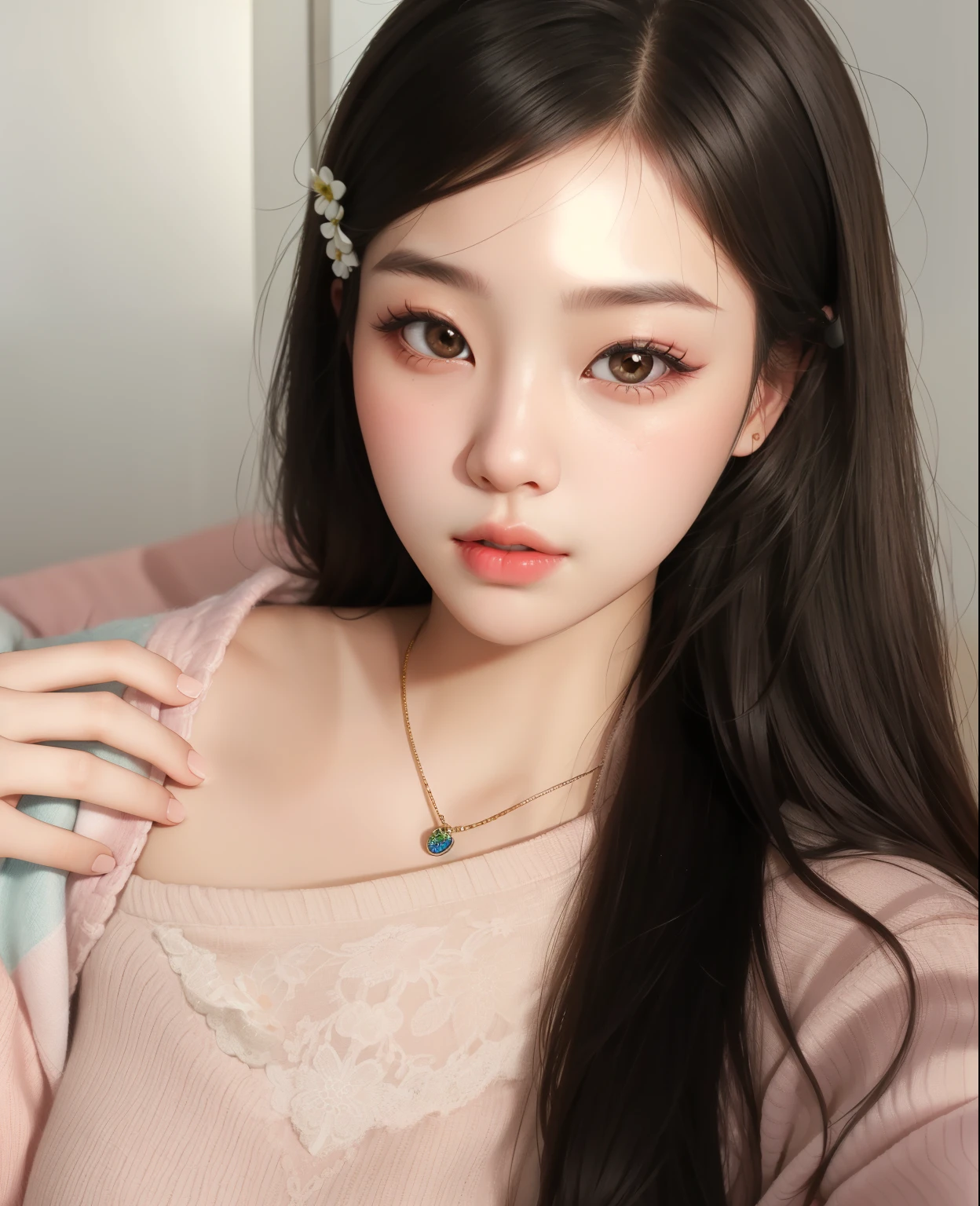 A closeup of a woman with long hair wearing a pink sweater, ulzzang, joven y adorable rostro coreano, maquillaje coreano popular, maquillaje popular de corea del sur, hermosa joven coreana, muchacha coreana, hermosa joven coreana, hermosa mujer surcoreana, Hermoso rostro estetico, pale korean adorable face, rasgos de la cara coreana, beautiful asian girl, preciosa cara delicada, ropa que muestra escotes y sus grandes pechos, grandes pechos.