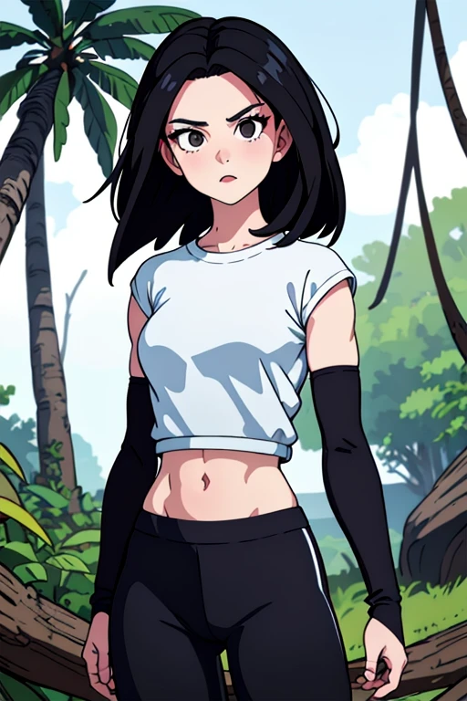 (masterpiece, best quality), 1girl, Kaulyr, red headbang, black hair, short hair, black eyes, white shirt, blue leggings, jungle background