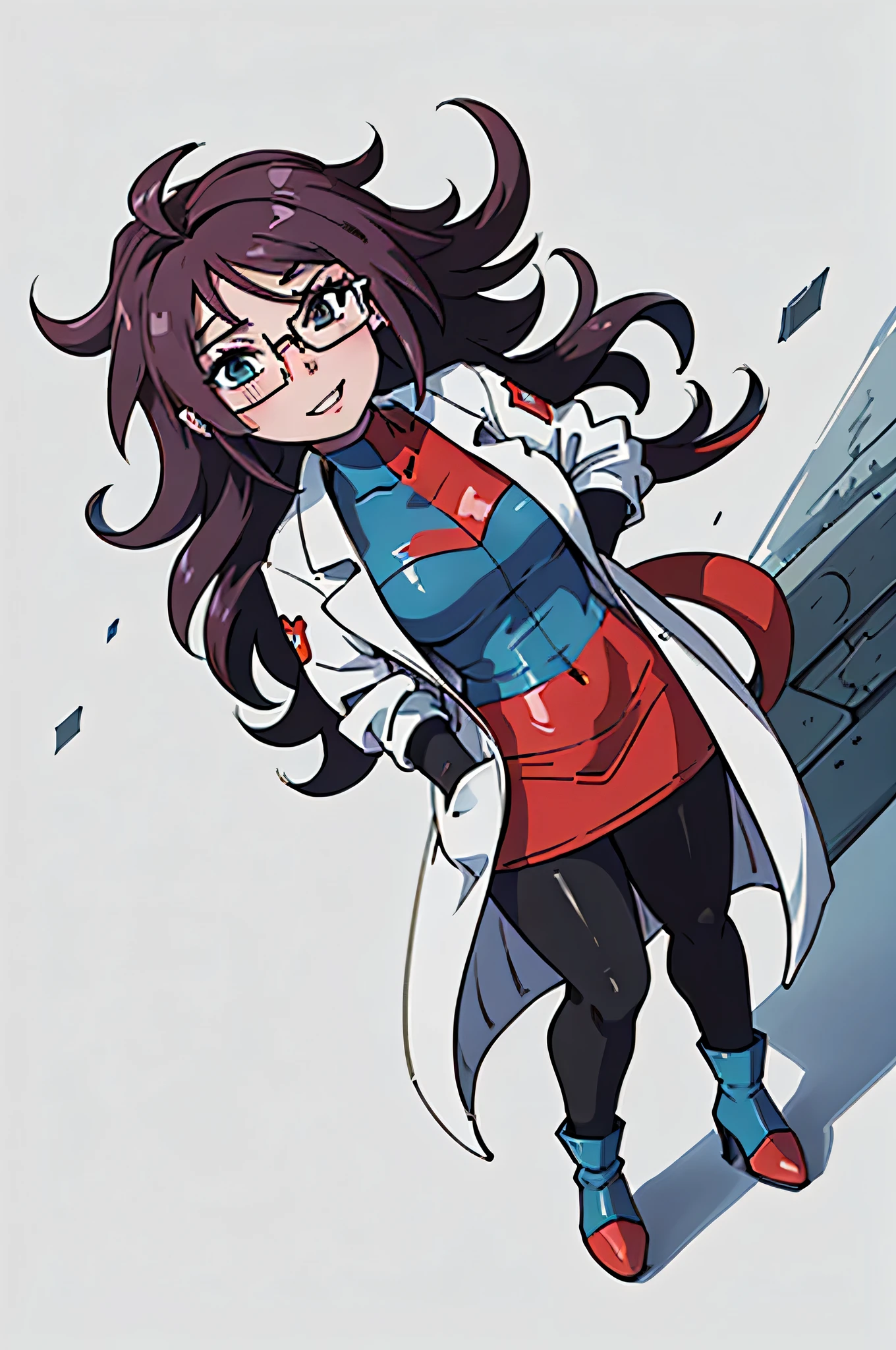 masterpiece, best quality, defa21, glasses, checkered dress, labcoat, black pantyhose, asymmetrical boots, whole body, standing, looking at viewer, hands to hips, looking down, from below, smirk, teeth, 