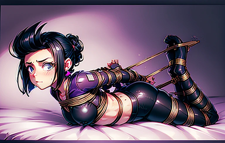 bibiBS, 1girl, black hair, short hair, cross earrings, purple jacket, pink shirt, crop top, black pants, black boots, cute and blushing 18 years old anime girl, look away because she is embarrassed and blushes, bright blue eyes, detailed face, detailed members, detailed arms, detailed hands, Girl lying, tied by ropes, shackled, can no longer move, tied tightly, very hard tied up with lots of ropes, hampered by so many ropes that she can no longer move, bound hands and feet, ropes tie his whole body, tied extremely tightly and forcefully to her bed by a lot of ropes, its limbs are strongly tied together by ropes, his torso is tied up with thick cords, her chest is so tied up with ropes that it sticks out, her legs are tied tightly with thick ropes, his hands are tied behind his back with ropes, she can no longer move her feet, her hands which are tied by thick ropes, she desperately tries to free herself, likes to be tied tight with big ropes, likes to be immobilized by big ropes, lying down, his hands and feet are strongly tied to the railing of his bed, his legs are pressed together and tied with ropes, its limbs are held vigorously by imposing ropes, her hands are tied securely behind her back by ropes, her chest is compressed by strong ropes, she is pressed against her bed and restrained by large ropes, (shibari, arms behind the back:1.4), (hands on the back), (masterpiece, best quality) 1.5, 1girl, solo, (sexy, beautiful woman, perfect face, perfect eyes, perfect hands), samus aran, (hands on the back), Spread the legs, s' ((lie in bed by big ropes)), ((close up of the girl)), ((((lie in bed)))), ((((arms tied behind the back, Legs Tied,La fille est allongée sur le ventre, La fille est allongée sur le sol:1.5)))), ((((girl seen from behind:1.4)))), ((((girl lying down on her stomach:1.4)))), ((((Outstretched arms:1.5)))), ((((Detailed hands:1.5))))