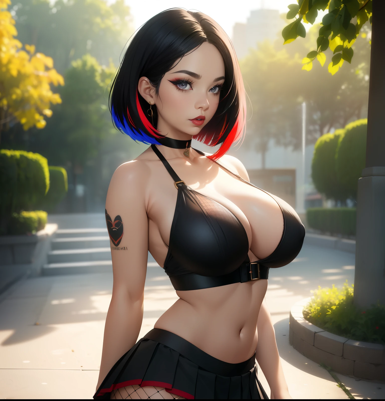 Big breasts,1adult girl, solo, expressive eyes ((black hair: 1.4, red tips, multicolored bob hair, choker)), double eyelids, light effect on eyes, brown eyes, adult woman, milf, (black top , pleated skirt, fishnet stockings) confident face, sfm, eyebrow piercing, ear piercing, navel, nagatiti, hanging breasts, ((Work of art, 16k, realistic, shadow and light on the skin)) makeup, dark lipstick, a park, tattoo on arms, open waist, (perfect symmetrical body)