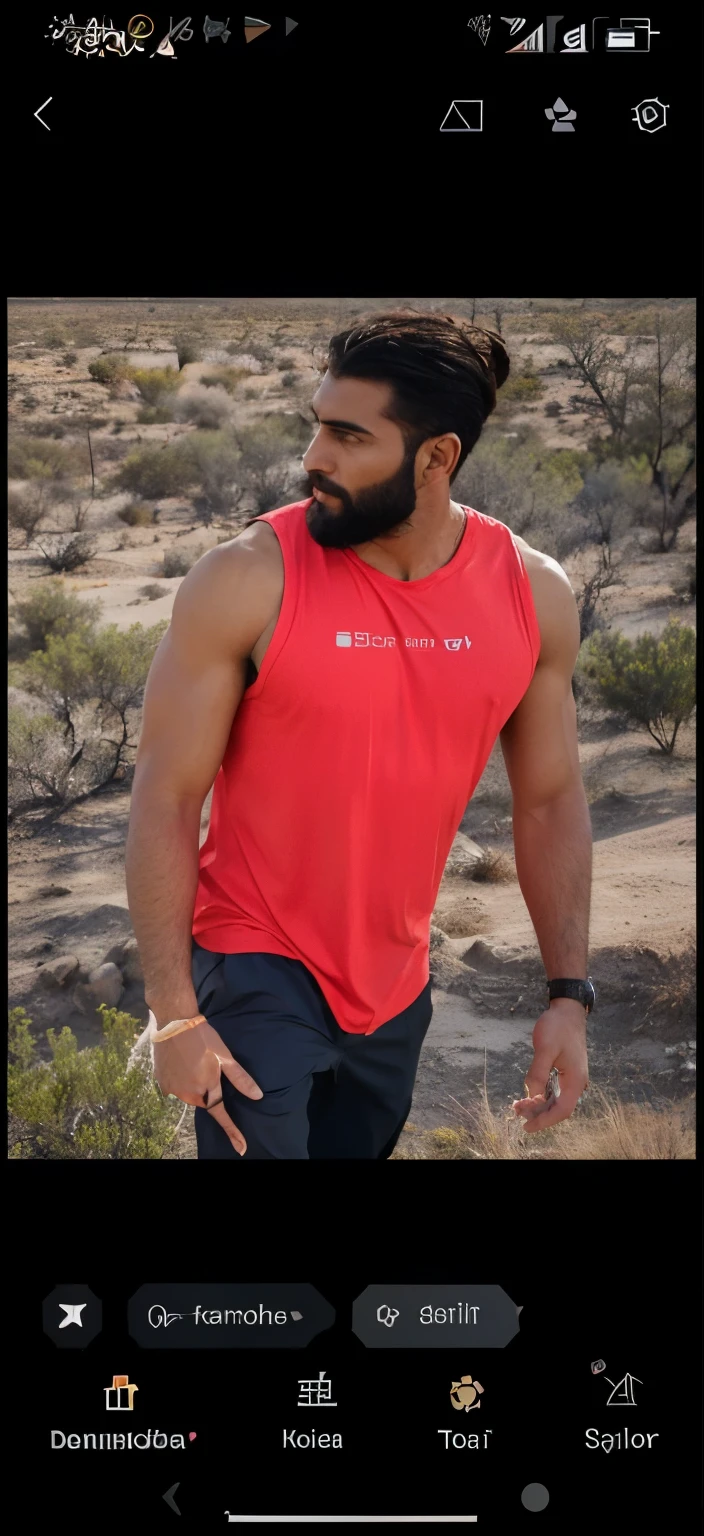 create the image of a man wearing a tunic where it is possible to see that he has a dark, full beard but no larger than 1cm in size, seus cabelos negros e lisos penteados e amarrados formando um coque, em um deserto, com cores intensas alaranjadas vermelhas e marrons formando um entardecer no deserto apenas com areia e o sol a pino.paleta de core de entardecer outono quente. He's strong, olha para o chao, and part of your face is visible only part of the contoured profile . He's dark brown. usar a imagem como base para o personagem