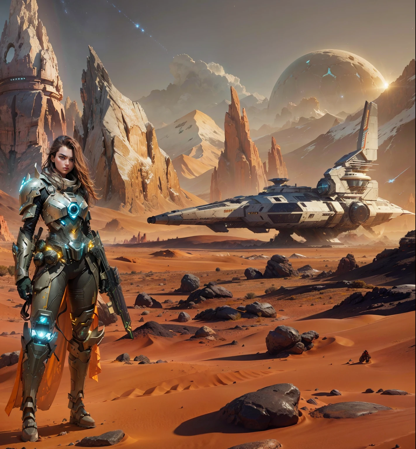 Setting:

A vast, desolate** desert landscape** on a distant planet. The sand is a rich, reddish-brown color, sculpted into dunes by relentless winds.
Scattered, otherworldly** rock formations** jut from the sand, some smooth and rounded, others jagged and spiky.
In the distance, a majestic mountain range rises, their peaks capped with snow that glitters in the binary sun's rays (this two-sun system casts an interesting double-shadow effect).
Characters:

A lone** space warrior**, clad in gleaming metallic armor that reflects the harsh sunlight. Their helmet visor is tinted, obscuring their face but revealing a determined gaze.
The warrior carries a** futuristic energy weapon**, its sleek design hinting at its immense power.
Props:

A colossal** spaceship**, partially buried in the sand, hinting at a crash or a long-abandoned mission.
As the warrior stands resolute, a** second planet** slowly emerges from behind the mountains on the horizon, its swirling cloudscape adding a sense of mystery to the scene.
Overall Tone:

The scene should evoke a sense of isolation, wonder, and perhaps a hint of danger.
The contrast between the alien landscape, the imposing warrior, and the emerging planet creates a visually striking image.