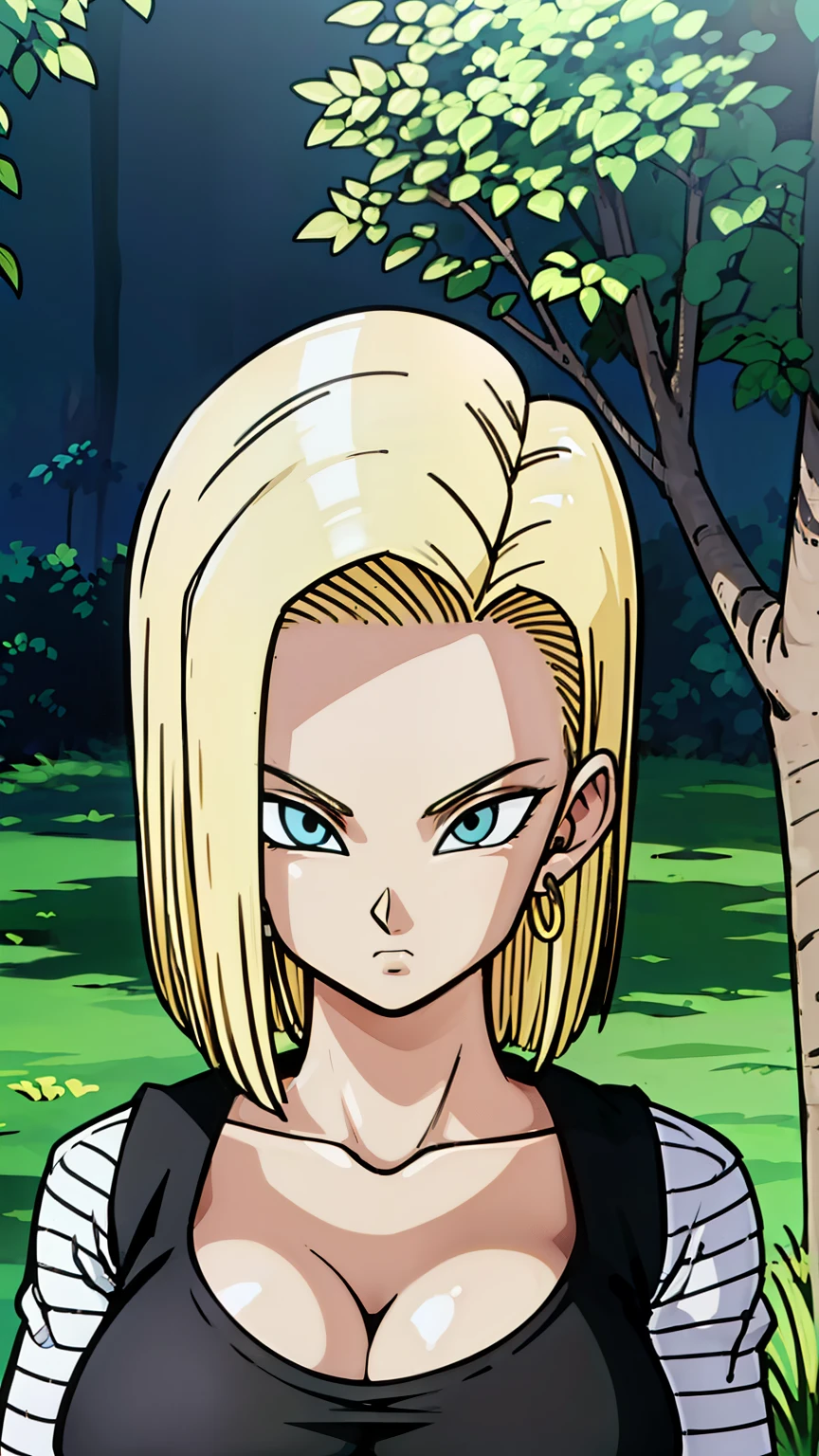 masterpiece, detailed face, 
android 18,  buu saga, , 1girl, solo, looking at viewer, short hair, blue eyes, blonde hair, collarbone, 
field, trees,((huge tits:1.2)),cleavage, forest, upper body, lying on field, hovering, 
midair, 
black shirt, long sleeves, striped sleeves, hoop earrings, shoes, orange socks, belt, high waist pants,