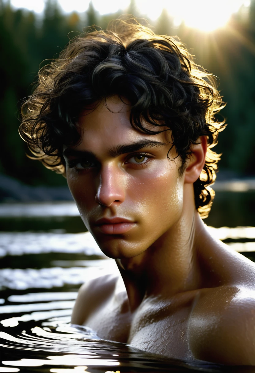 (highly detailed, detailed skin, detailed face, soft light, photorealistic, dynamic light; cinematic); victorian era; 1820s; 24 years old man; Spanish-English mix; 1820s Anglican priest; incredibly attractive; dark and brooding; masculine yet beautiful; hazel-green eyes; helpless longing stare; sexually-charged atmosphere; Adonis; moody; intense; Spanish nose; sensual; amorous air; very attractive; toned figure; olive skin, flushed in excitement; stubble; hazel-green eyes; thick strong dark-brown eyebrows; long full sideburns; fully naked toned chest with dark body-hair; dark chest-hair; short tousled dark-brown wavy hair; full luscious moist lips, parted; mouth slightly open; lounging in a cold Canadian river in an erotic pose, playfully asking for sex; hazel-green eyes; looking at camera