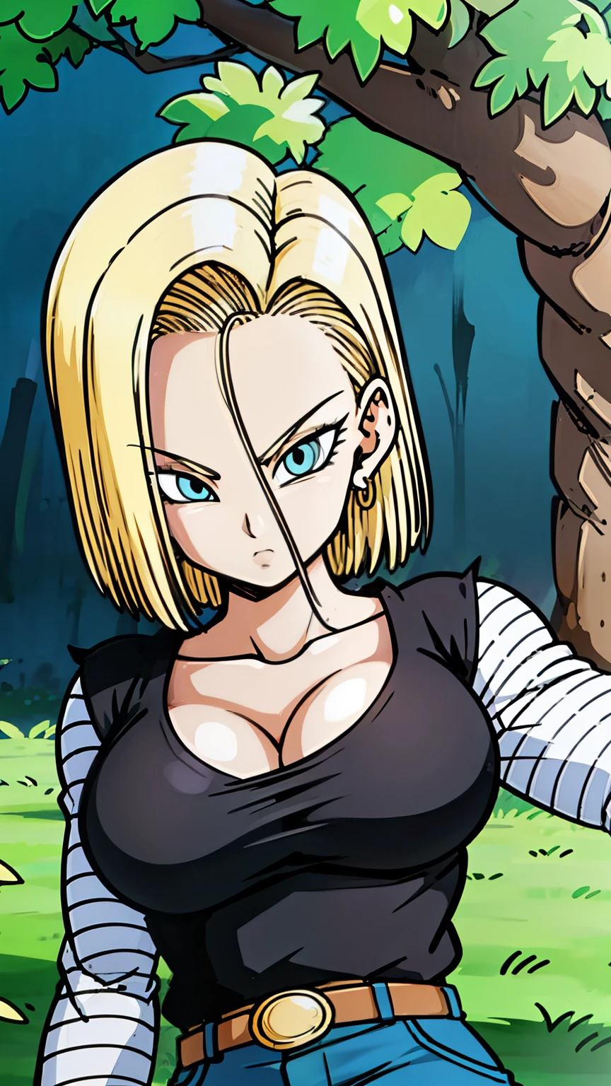 masterpiece, detailed face, 
android 18,  buu saga, , 1girl, solo, looking at viewer, short hair, blue eyes, blonde hair, collarbone, 
field, trees,((huge tits:1.2)),cleavage, forest, upper body, lying on field, hovering, 
midair, 
black shirt, long sleeves, striped sleeves, hoop earrings, shoes, orange socks, belt, high waist pants,