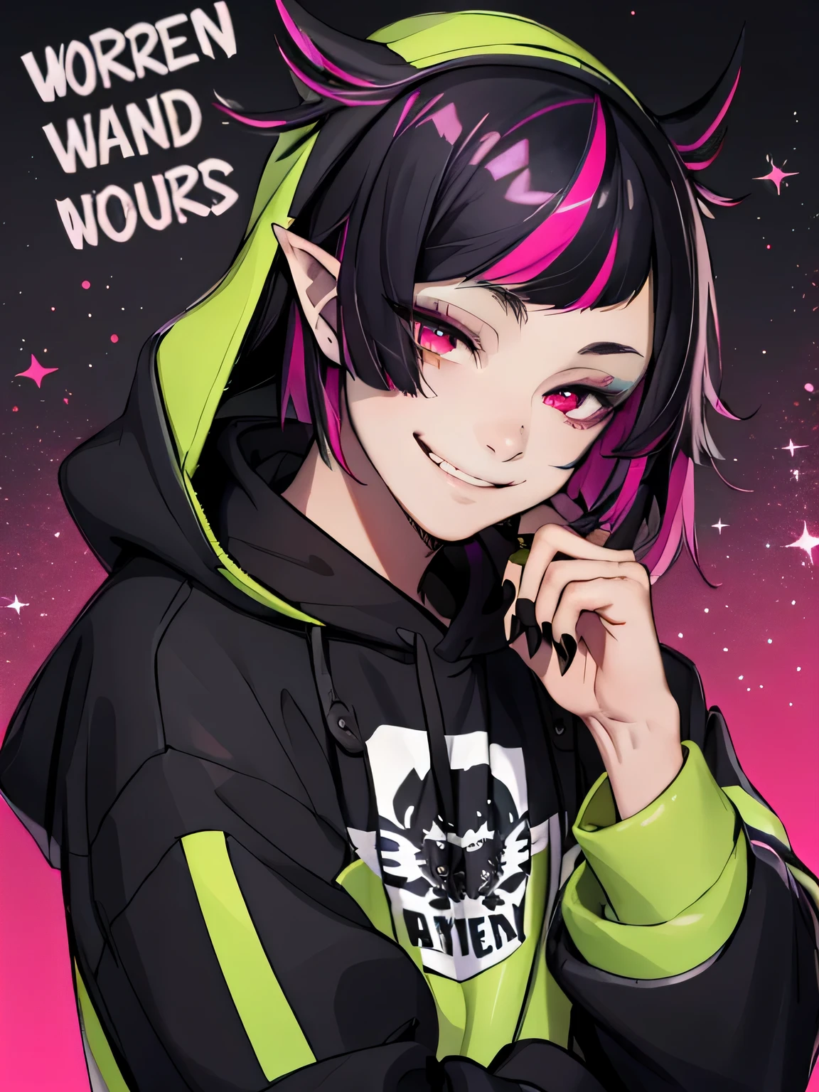 1boy,lilia vanrouge twisted wonderland,black hair, streaked pink hair,multicolored hair,dark red eyes,pointy ears, smiling,cute,male focus, black nails,black with background, sparkling,best quality, hooded sweatshirt