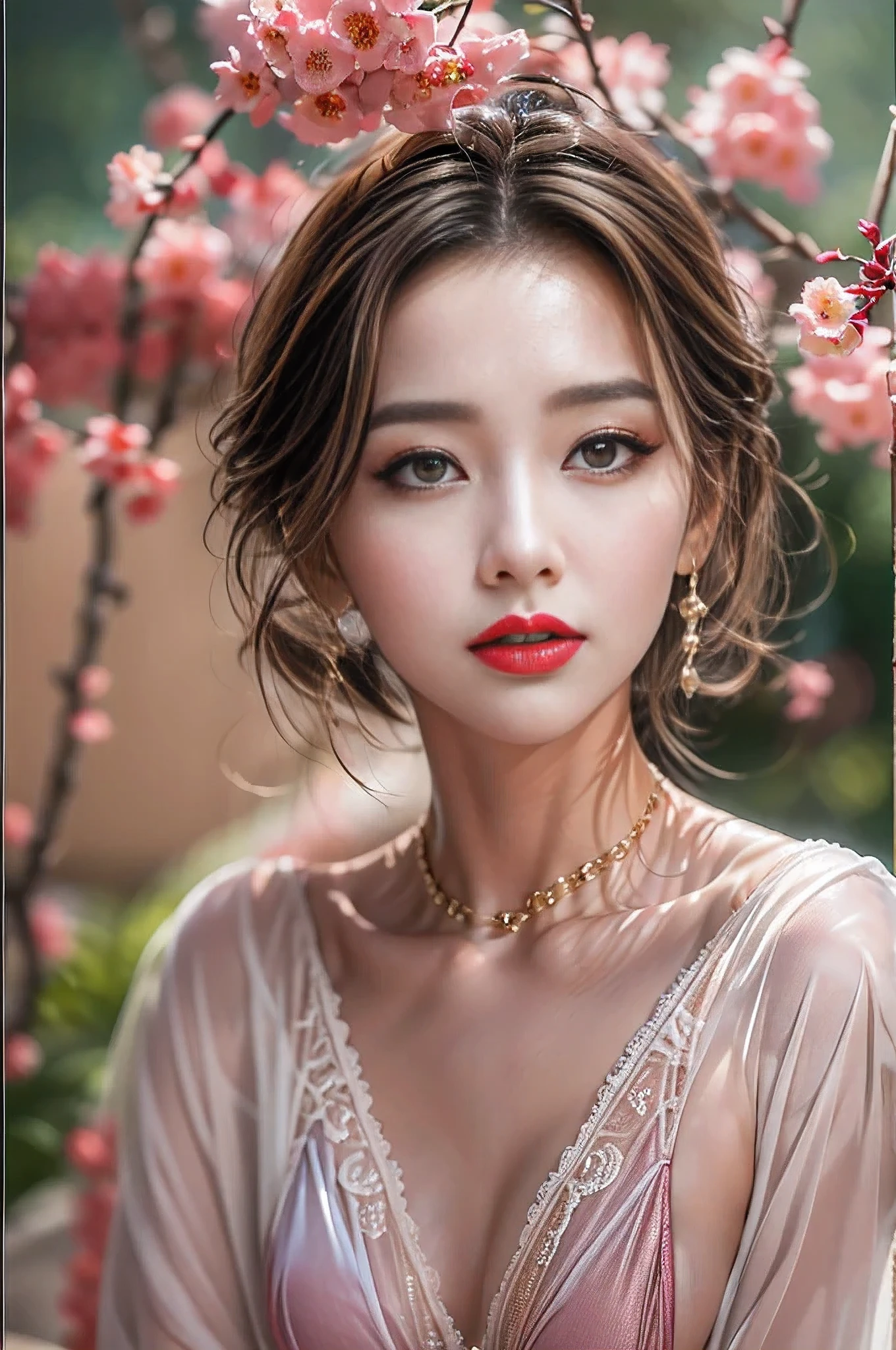 ((Ultra-realistic最high quality))16k resolution, ((photo realistic:1.55)), (1girl:1.4) 21years old、fashion supermodel、cinematic lighting, (Increase quality:1.2), (best quality real texture skin:1.2), (ultra detailed eyes:1.2)), finely detailed face, (finely quality eyes), (tired and sleepy and satisfied:0.0), (detailed lips:1.33)、(Detailed nose:1.2)、(((chrone:1.3))), (Increase body line mood:1.1), (Increase skin texture beauty:1.3), ((ccurate, award winning:1.4)), ((sharp focus)), (small head: 1.4)、(slim face), pink_makeup:1.25, long_blue_eyeliner:1.2, (red_lipstick:1.32), ((brown_eyes:1.35)) perfect dark_eyeshadows:1.3, Beautiful and charming woman in fashion trend, full body: 1.6, holding flowers, random hairstyle, sitting under a parasol, by the sea, tight slip dress random color, wind blowing hair, blue sky and white clouds, delicate sexy collarbone, covering chest, charming goose egg face, double eyelids, smart peach blossom eyes, pink lips, small upturned nose, bare shoulders, focused face, face close-up, ultra-high definition, super detail, ultra-thin translucency, fresh and good, see-through, pink