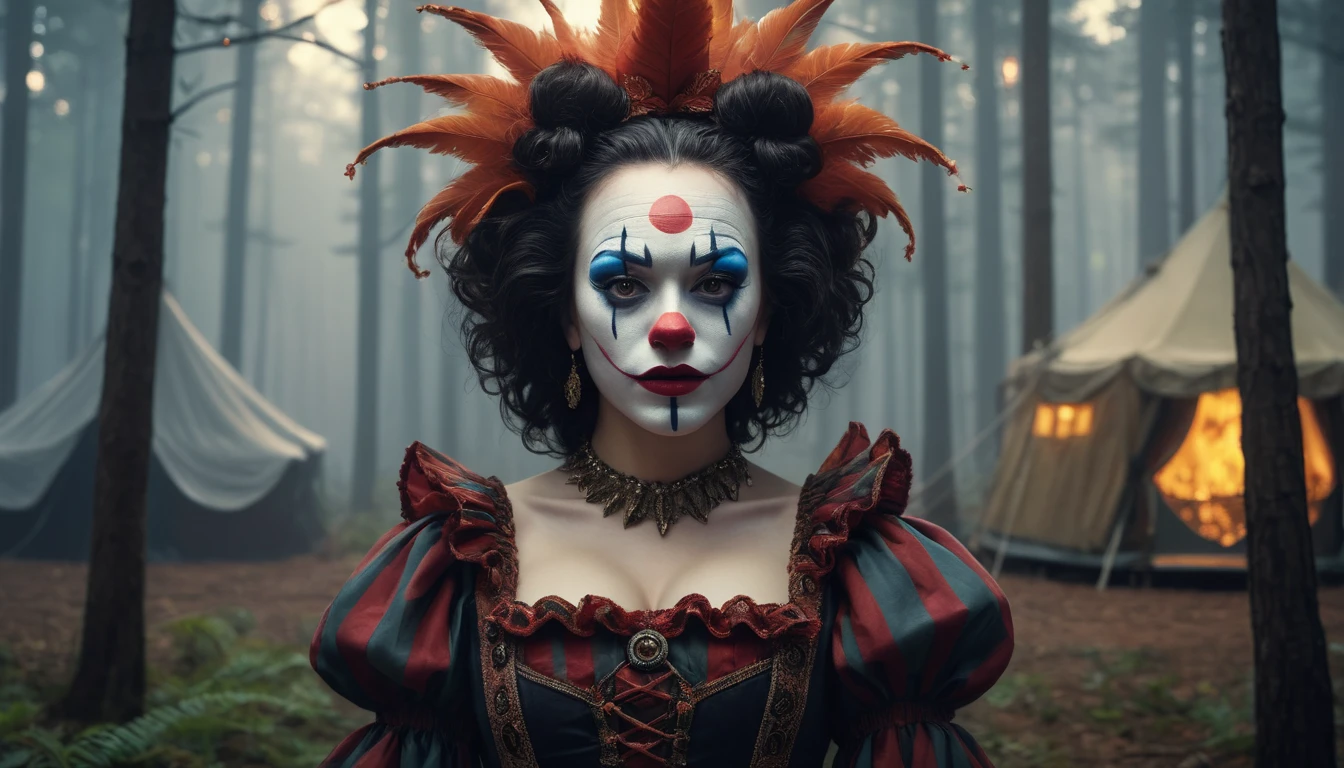 Commercial photography of a beautiful woman clown with mouth opened wide in a pine forest with a circus tent in the background and a camp fire (foggy:1.2), silhouetted in soft shadow, clowns hiding behind trees peaking their heads out to spy on us. (photograph:1.2) , uhd photorealisitc authentic psychotic angry madman wearing ornate clown costume and intricate voodoo makeup, shoulders, intricate details, vivid colors, frightening surroundings, correct details, in the style of amano, karol bak, akira toriyama, and greg rutkowski , perfect composition, beautiful detailed intricate insanely detailed octane render trending on artstation, 8 k artistic photography, photorealistic concept art, soft natural volumetric cinematic perfect light, chiaroscuro, award - winning photograph, masterpiece, oil on canvas, raphael, caravaggio, greg rutkowski, beeple, beksinski, giger, perfect composition, beautiful detailed intricate insanely detailed octane render trending on artstation, 8 k artistic photography, photorealistic concept art, soft natural volumetric cinematic perfect light, chiaroscuro, award - winning photograph, masterpiece, oil on canvas, raphael, caravaggio, greg rutkowski, beeple, beksinski, giger, (beautiful supermodel:1.1) resting her head on her hands detailed background bokeh