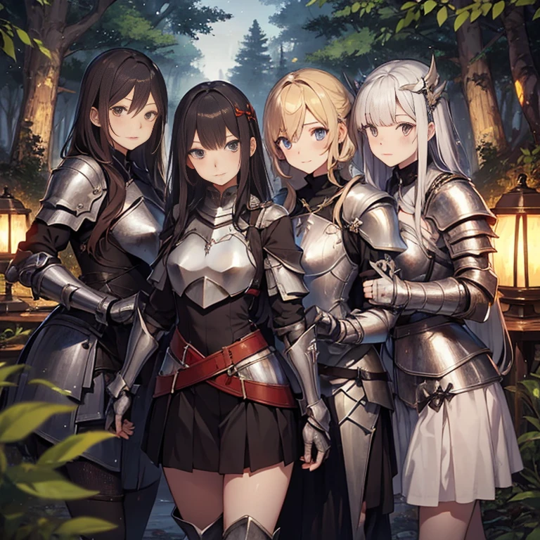A group of  female knight, (in forest), various hair styles, harem, wearing armored clothes, metal armor, night, details face, , short skirt, seducing, sword,