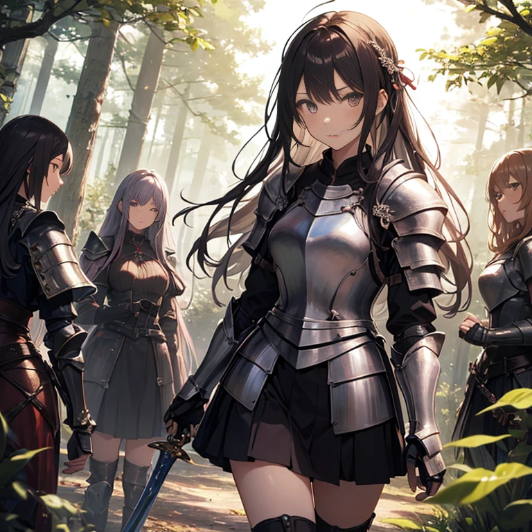 A group of female knight, (in forest), various hair styles, harem, wearing armored clothes, metal armor, night, details face, , short skirt, seducing, sword,