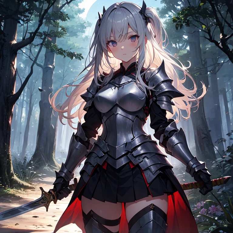 A group of female knight, (in forest), various hair styles, harem, wearing armored clothes, metal armor, night, details face, , short skirt, seducing, sword,