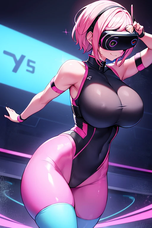 1girl, pink hair, very short hair, vr visors, visors, head-mounted display, ((covered eyes)), covered eyes, bodysuit, blue bodysuit, science-fiction, machinery, futuristic, tech, whit3 trim, blue neon trim, neon, neon trim, breasts, hourglass figure, mature frmale, huge breasts, thick thighs, wide hips, swaying hips, hip sway, sway, arms behind back, arms up, hands behind back, hands behind back, smile, dance