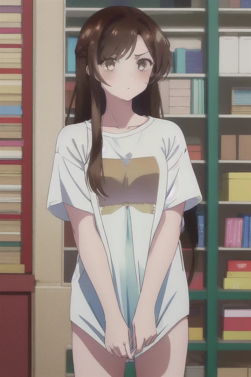 masterpiece, best quality, highres, 1girl, brown eyes:(1.5), brown hair, long hair, shirt, naked shirt, shirt tug