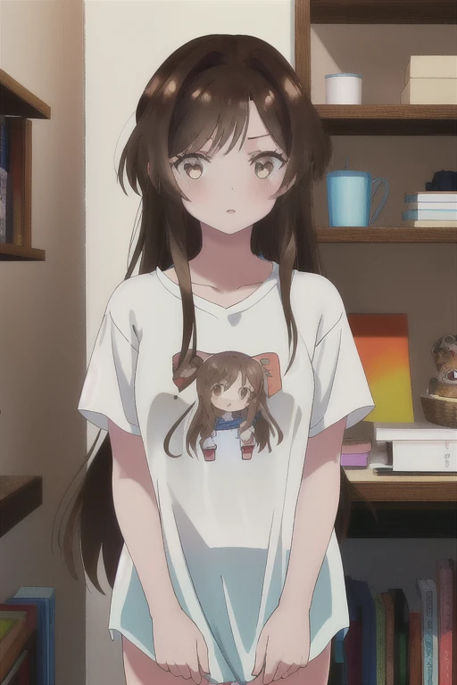 masterpiece, best quality, highres, 1girl, brown eyes:(1.5), brown hair, long hair, shirt, naked shirt, shirt tug