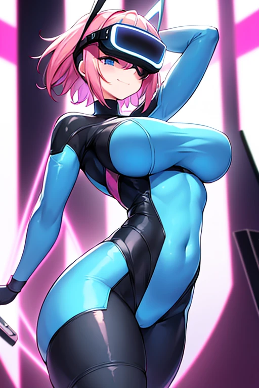 1girl, pink hair, very short hair, vr visors, visors, head-mounted display, ((covered eyes)), covered eyes, bodysuit, blue bodysuit, science-fiction, machinery, futuristic, tech, white trim, blue neon trim, neon, neon trim, breasts, hourglass figure, mature frmale, huge breasts, thick thighs, wide hips, swaying hips, hip sway, sway, arms behind back, arms up, hands behind back, smile, dance