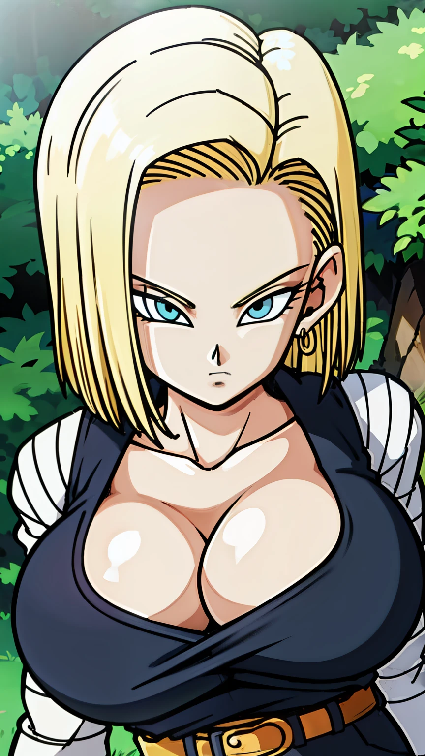 masterpiece, detailed face, 
android 18,  buu saga, , 1girl, solo, looking at viewer, short hair, blue eyes, blonde hair, collarbone, 
field, trees,((huge tits:1.2)),cleavage, forest, upper body, lying on field, hovering, 
midair, 
black shirt, long sleeves, striped sleeves, hoop earrings, shoes, orange socks, belt, high waist pants,