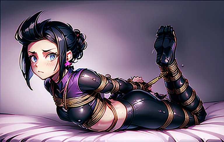 bibiBS, 1girl, black hair, short hair, cross earrings, purple jacket, pink shirt, crop top, black pants, black boots, cute and blushing 18 years old anime girl, look away because she is embarrassed and blushes, bright blue eyes, detailed face, detailed members, detailed arms, detailed hands, Girl lying, tied by ropes, shackled, can no longer move, tied tightly, very hard tied up with lots of ropes, hampered by so many ropes that she can no longer move, bound hands and feet, ropes tie his whole body, tied extremely tightly and forcefully to her bed by a lot of ropes, its limbs are strongly tied together by ropes, his torso is tied up with thick cords, her chest is so tied up with ropes that it sticks out, her legs are tied tightly with thick ropes, his hands are tied behind his back with ropes, she can no longer move her feet, her hands which are tied by thick ropes, she desperately tries to free herself, likes to be tied tight with big ropes, likes to be immobilized by big ropes, lying down, his hands and feet are strongly tied to the railing of his bed, his legs are pressed together and tied with ropes, its limbs are held vigorously by imposing ropes, her hands are tied securely behind her back by ropes, her chest is compressed by strong ropes, she is pressed against her bed and restrained by large ropes, (shibari, arms behind the back:1.4), (hands on the back), (masterpiece, best quality) 1.5, 1girl, solo, (sexy, beautiful woman, perfect face, perfect eyes, perfect hands), samus aran, (hands on the back), Spread the legs, s' ((lie in bed by big ropes)), ((close up of the girl)), ((((lie in bed)))), ((((arms tied behind the back, Legs Tied,La fille est allongée sur le ventre, La fille est allongée sur le sol:1.5)))), ((((girl seen from behind:1.4)))), ((((girl lying down on her stomach:1.4)))), ((((Outstretched arms:1.5)))), ((((Detailed hands:1.5))))