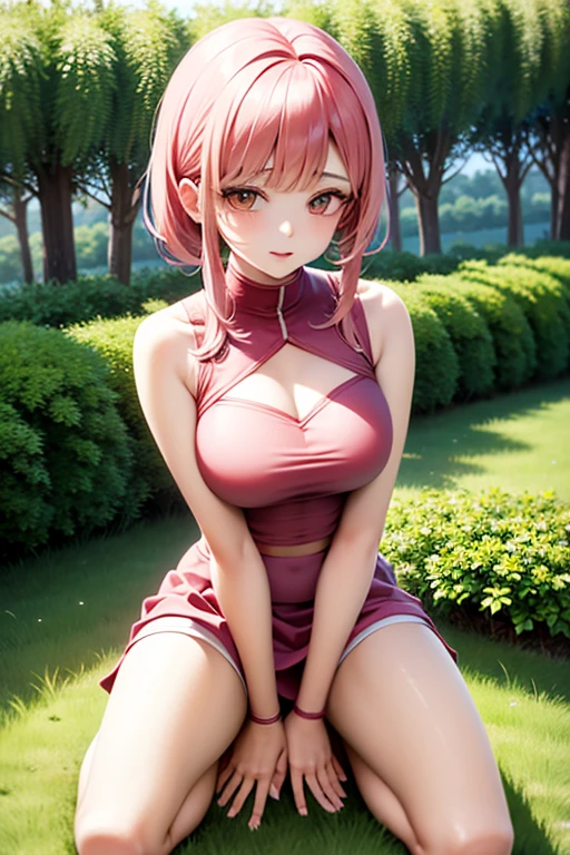 Gwen Tennyson, gwen Tennyson, pink top, pink skirt, long hair, big , thighs highs, kneeling, 