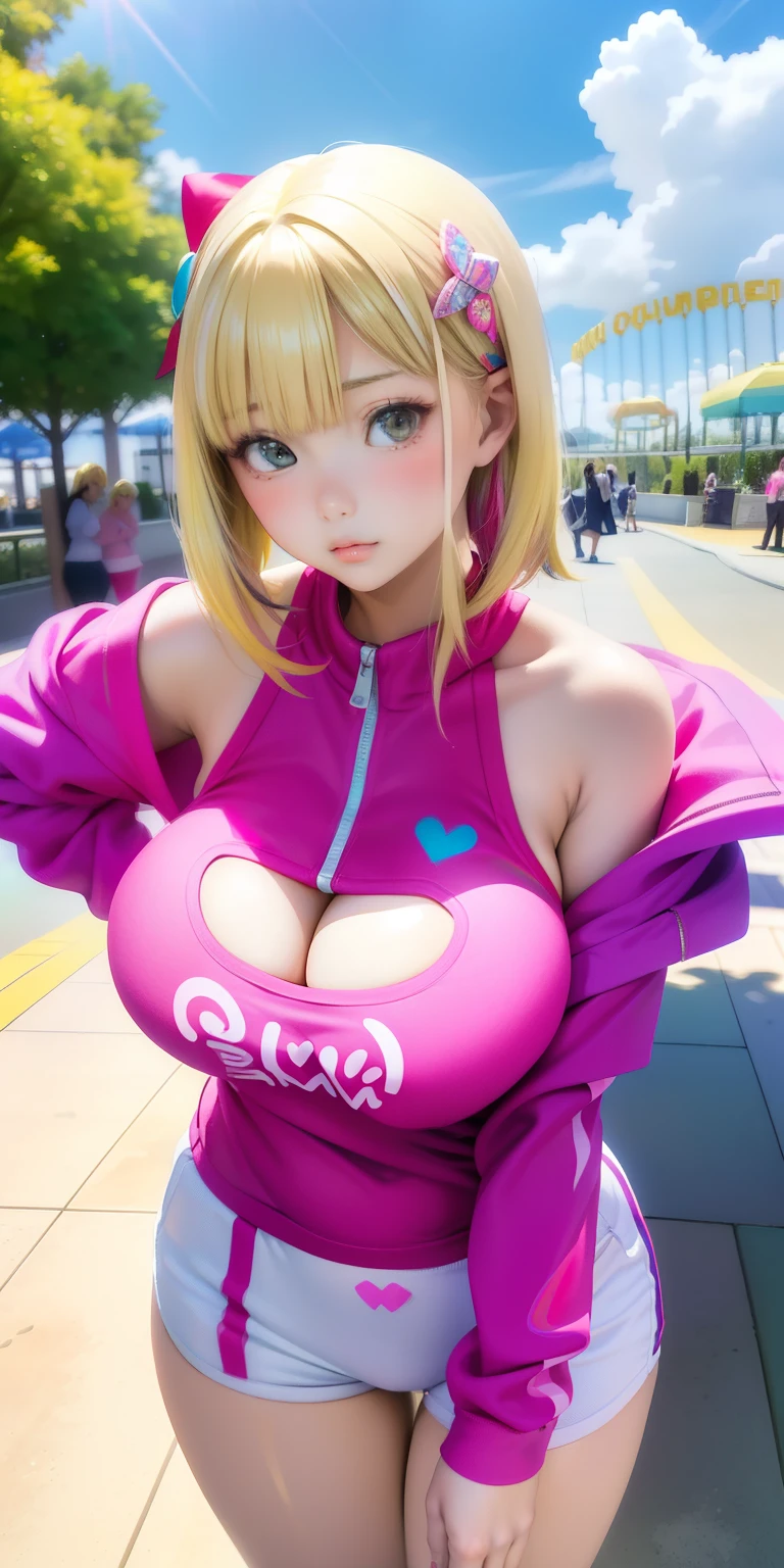 Big Breasts ((masterpiece)), ((1 girl, 20-year-old)) ((((Beautiful bright multicolored blonde hair with bangs)))) beautiful hair ornament, Pixie Cut, highest quality, Absurd, Very detailed, holographic, cowboy pictures, Golden Ratio, so beautiful、明るい紫色の瞳がso beautiful, Beautiful and sexy body, Slender body, (((Perfect body))), I&#39;He is wearing super tight mini boxer shorts with a heart pattern.., Heart print on shoulder, Long sleeve, pink jordan sneakers, very cute girl, Blushing, ((shy and sensual)) mature girl, Asian Girl, Photos taken at an amusement park