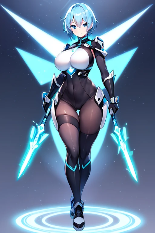 1girl, white skin, light skin, smile, light smile, blue hair, short hair, blue eyes, large breasts, breasts, wide hips, black bodysuit, bodysuit, sleeves, short sleeves, pantyhose, black pantyhose, futuristic, science-fiction, neon trim, neon, full_body, ((full body)), standing, swords, lighsaber, sword