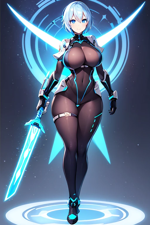 1girl, white skin, light skin, smile, light smile, blue hair, short hair, blue eyes, large breasts, breasts, wide hips, black bodysuit, bodysuit, sleeves, short sleeves, pantyhose, black pantyhose, futuristic, science-fiction, neon trim, neon, full_body, ((full body)), standing, swords, lighsaber, sword